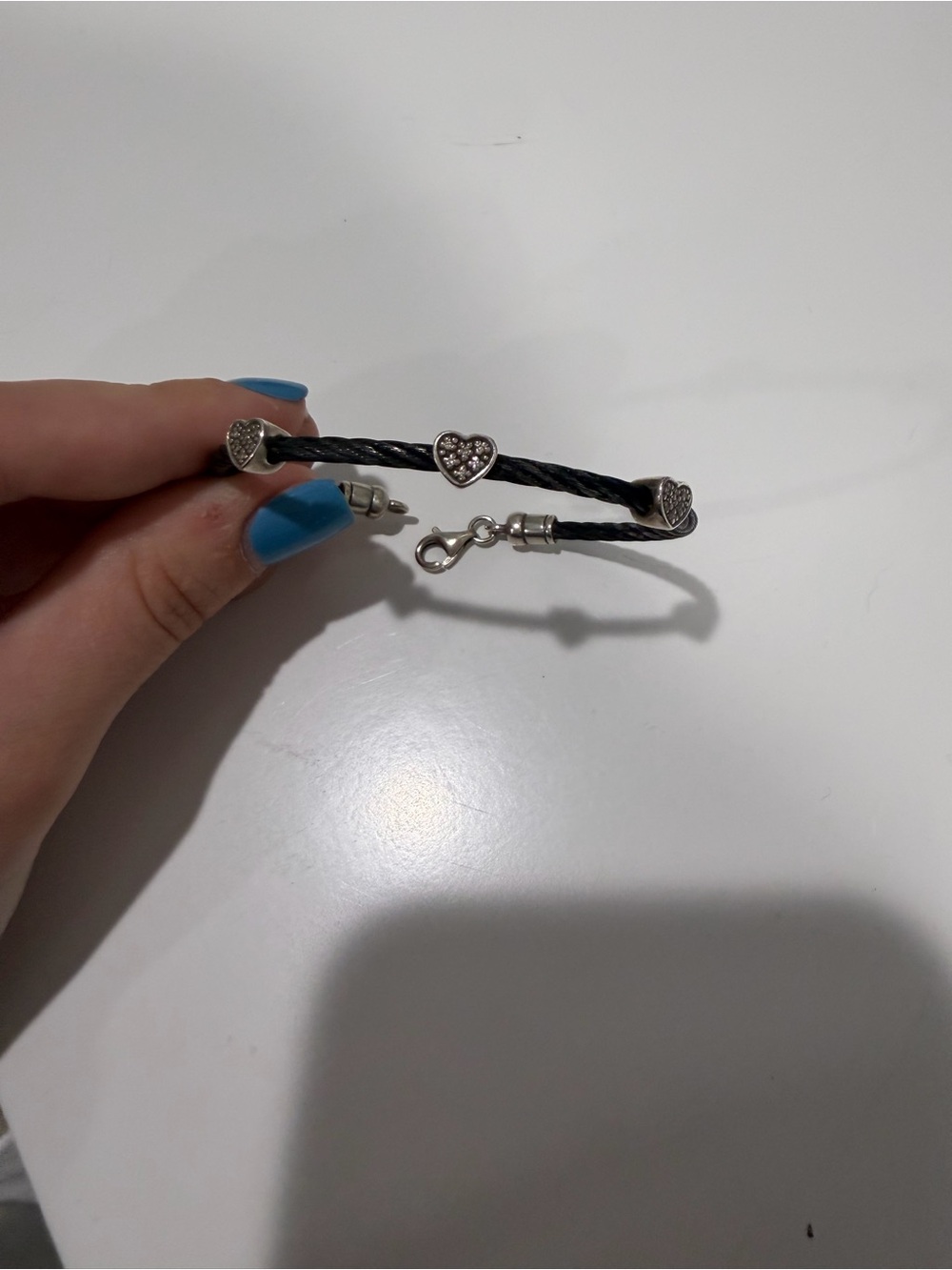 Silver Heart Accent Black Cord Bracelet w/ Diamonds